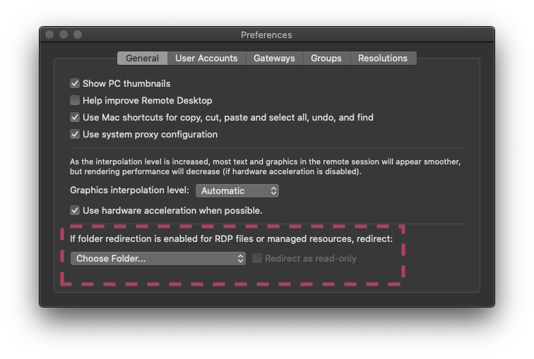 A screenshot of the Microsoft Remote Desktop App with the preferences for folder redirection enabled